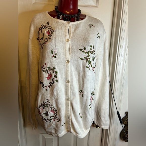 VTG National Wildlife Federation Floral White Cardigan -size XL - Button Down - Picture 1 of 9